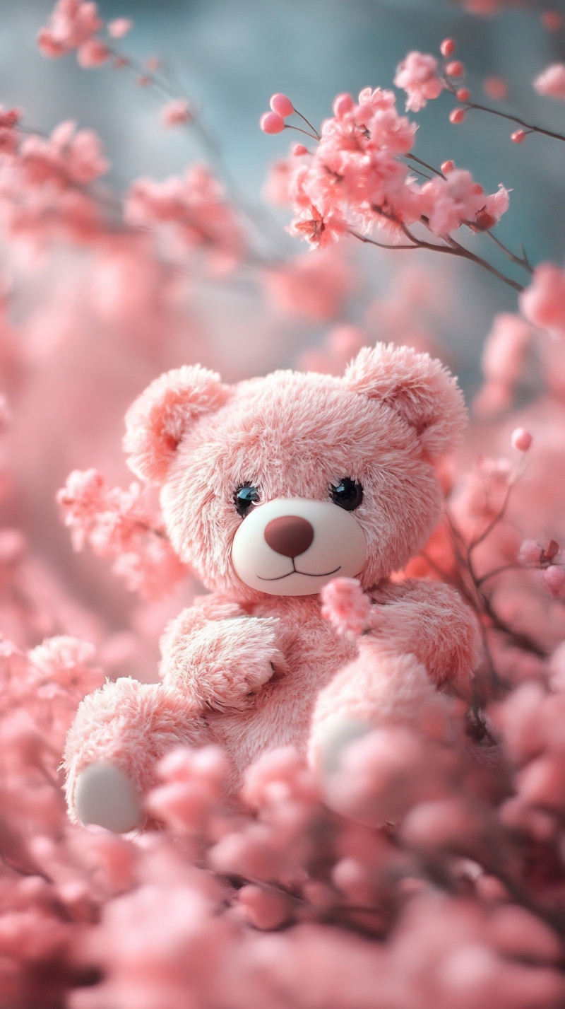 Pink Teddy Bear in Soft Cherry Blossoms