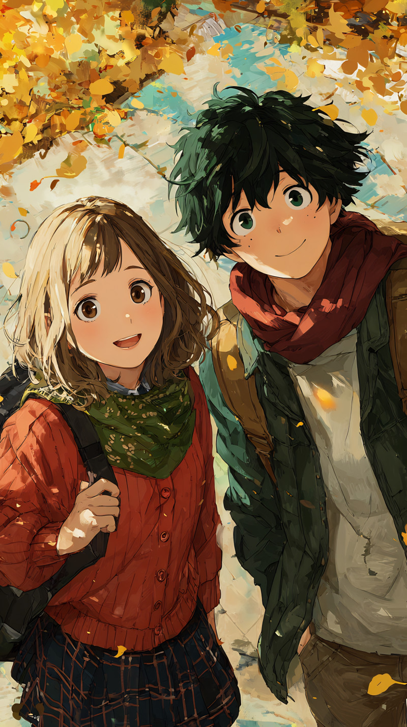 Anime Couple Strolling on a Sunny Fall Day