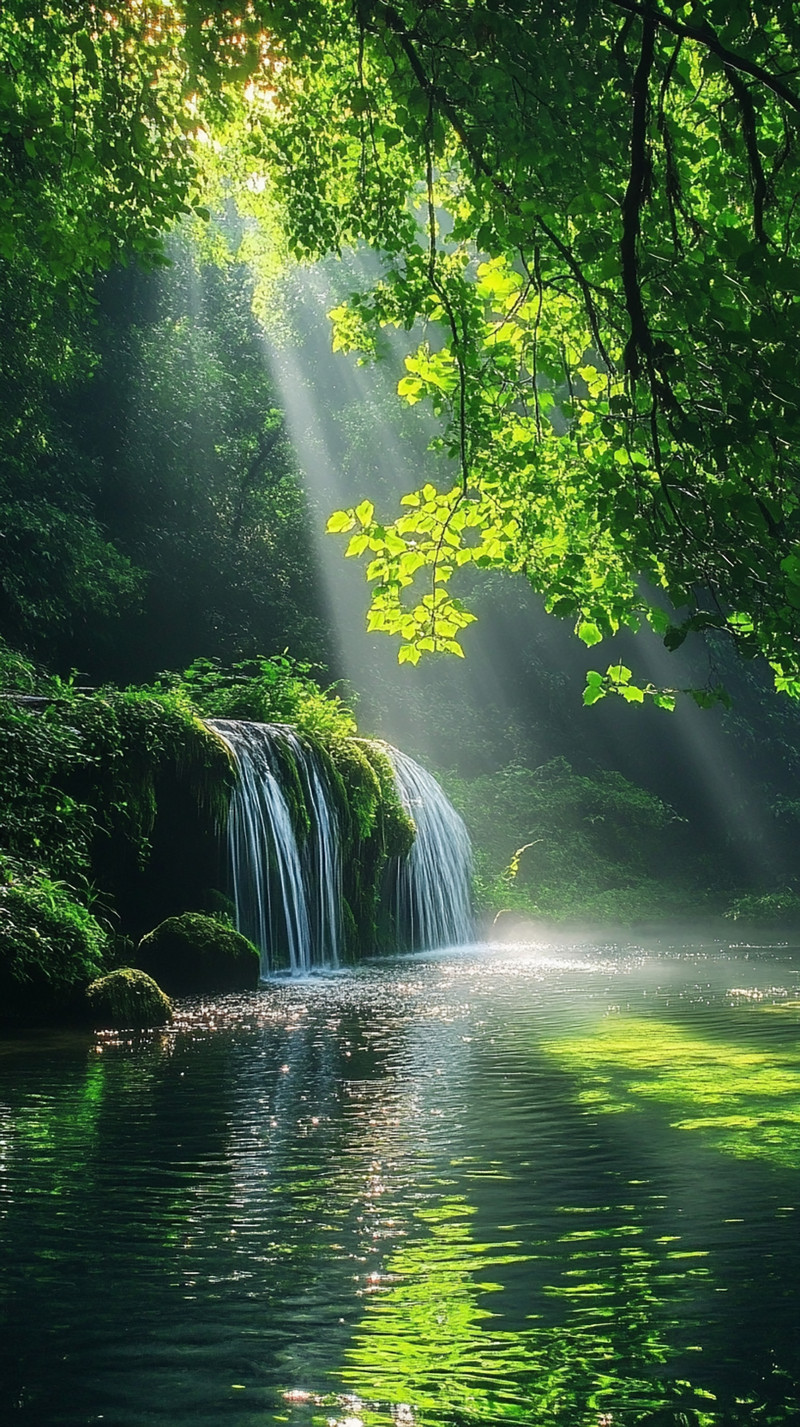 Sunlit Forest Waterfall
