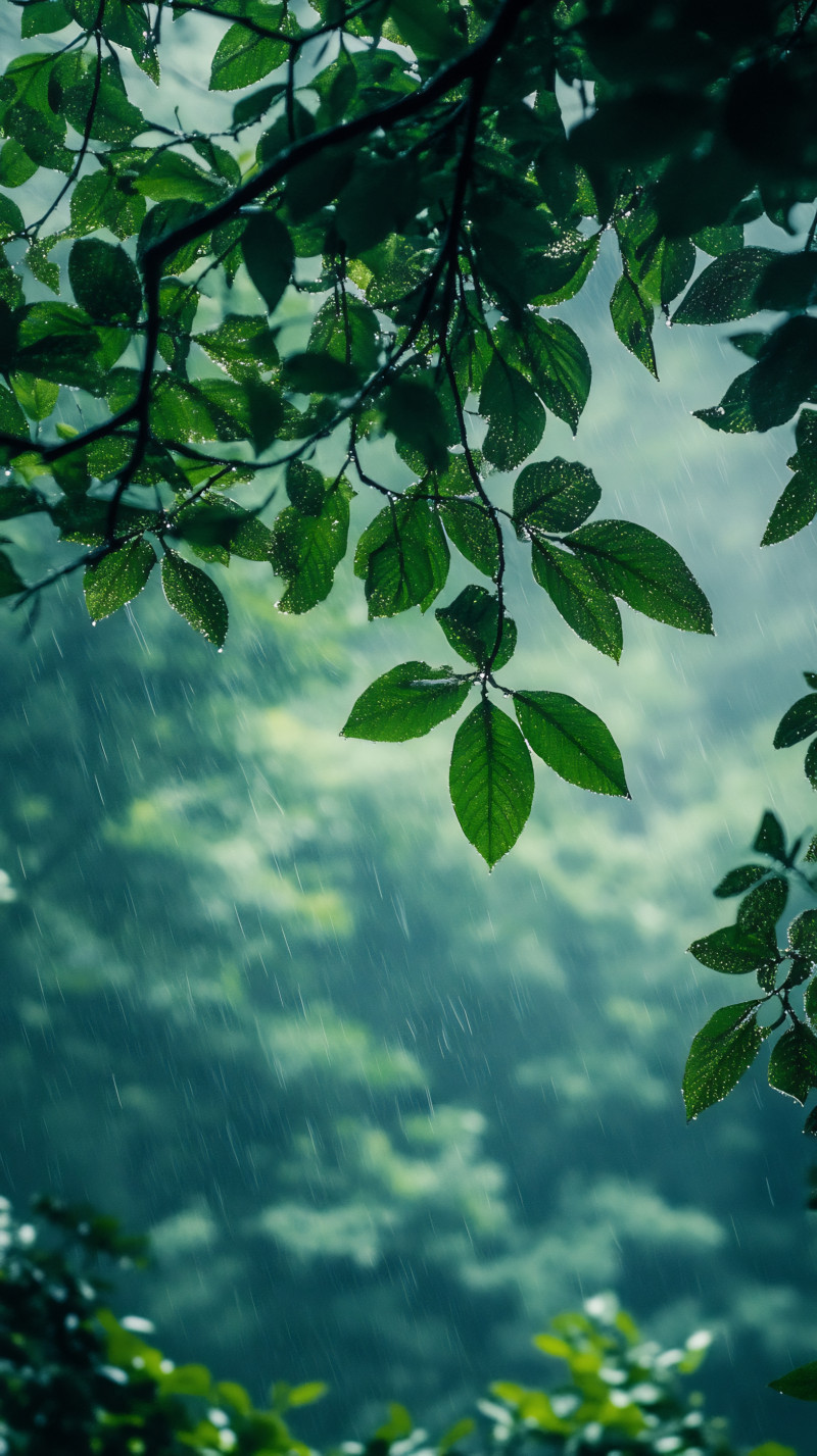 Lush Green Leaves in the Gentle Rain