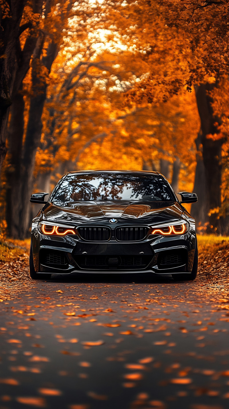 Black BMW on Autumn Road with Orange Glow