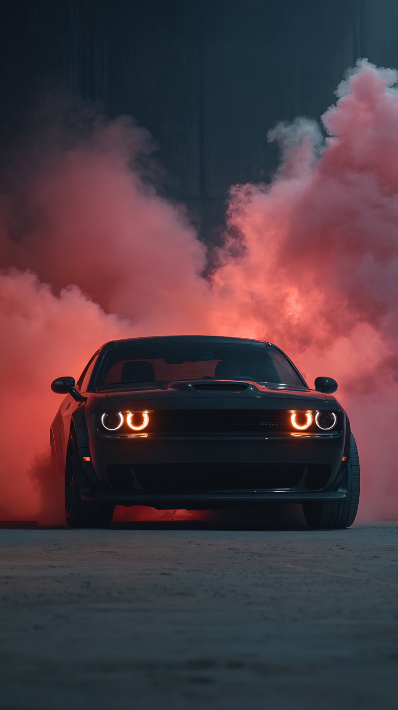 Dodge Challenger SRT Surrounded by Red Smoke